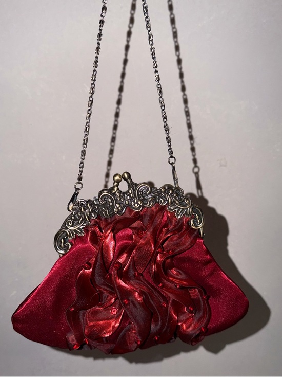 Handbags - Red Satin Evening Clutch Bag with Ornate Silver Frame